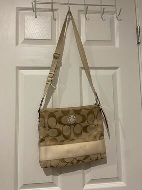 Coach Beige Signature Canvas Crossbody Bag with Cream Trim